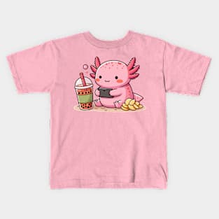 cute axolotl enjoying games and boba Kids T-Shirt